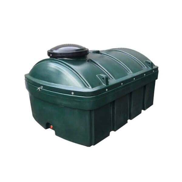 A green plastic storage tank with a rounded top and side openings, designed for outdoor use.